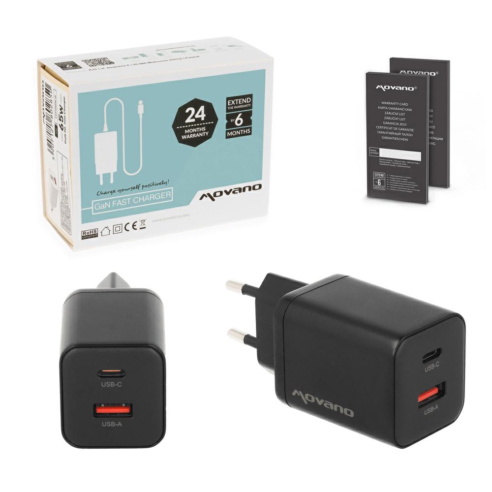 Cargador de red USB + Type-C 45W PD / GAN Negro Movano