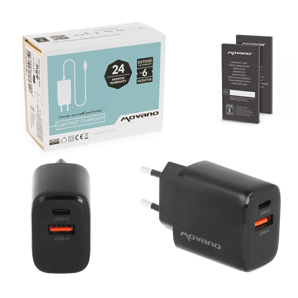 Cargador de red USB + Type-C 30W PD / GAN Negro Movano