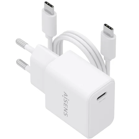 Cargador de Pared GaN Aisens ASCH-20W1P081-W/ 1xUSB Tipo-C/ 20W/ Blanco/ Incluye Cable USB Tipo-C