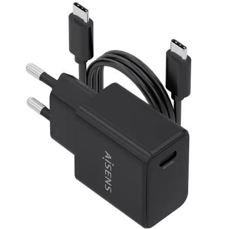 Aisens de Pared GaN ASCH-20W1P082-BK/ 1xUSB Tipo-C/ 20W/ Incluye Cable USB Tipo-C