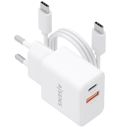 Cargador de Pared GaN Aisens ASCH-20W2P083-W/ 1xUSB Tipo-C/ 1xUSB/ 20W/ Blanco/ Incluye Cable USB Tipo-C