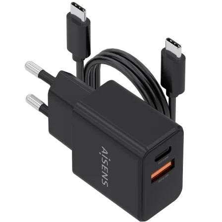 Aisens de Pared GaN ASCH-20W2P084-BK/ 1xUSB Tipo-C/ 1xUSB/ 20W/ Incluye Cable USB Tipo-C