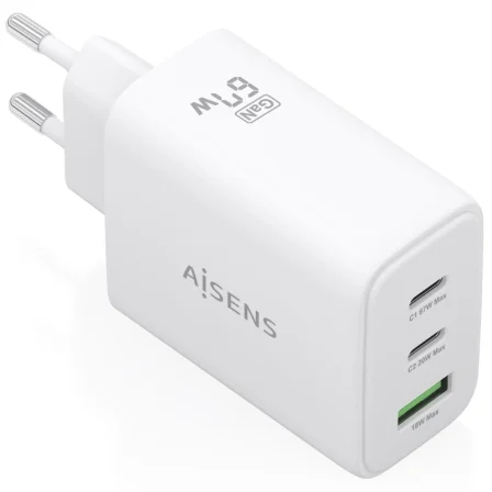Aisens de Pared GaN ASCH-67W3P086-W/ 2xUSB Tipo-C/ 1xUSB/ 67W Blanco