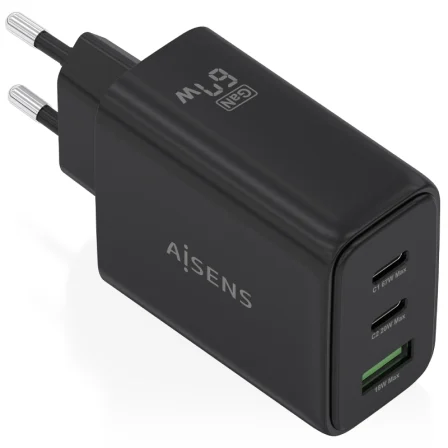 Aisens de Pared GaN ASCH-67W3P087-BK/ 2xUSB Tipo-C/ 1xUSB/ 67W