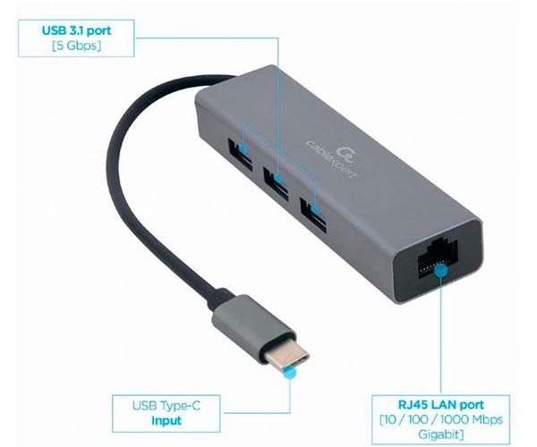 Hub Type-C a 3x USB 3.0 / 1x RJ45 Gigabit / 17 cm / A-CMU3-LAN-01