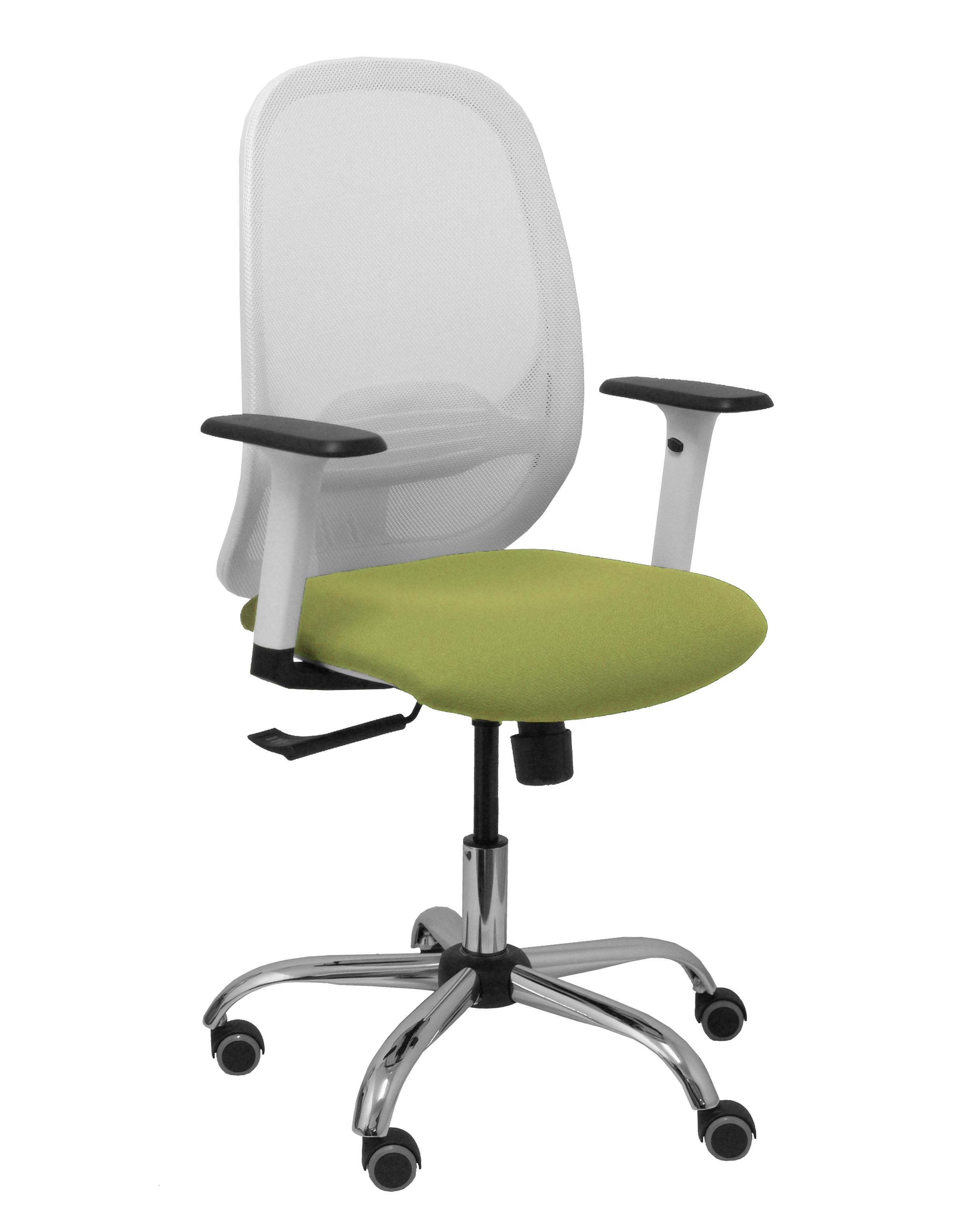 PIQUERAS Y CRESPO Silla Cilanco blanca malla blanca asiento bali verde oliva brazo regulable base cromada ruedas de parque
