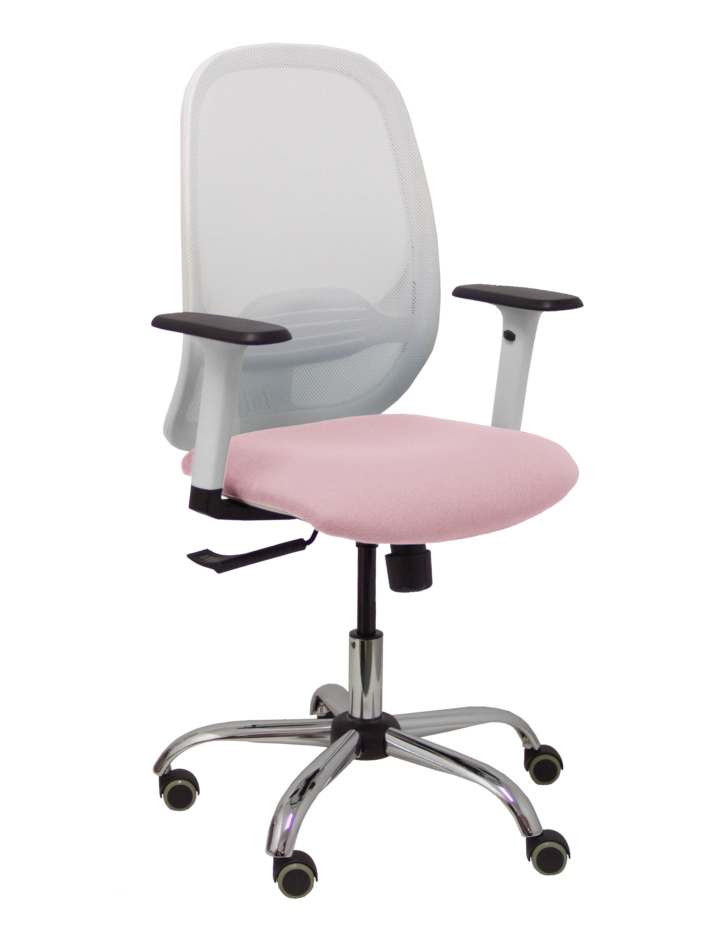 PIQUERAS Y CRESPO Silla Cilanco blanca malla blanca asiento bali rosa brazo regulable base cromada ruedas de parque