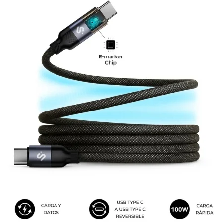 Cable USB 2.0 Tipo-C Subblim PowerMag LED/ USB Tipo-C Macho - USB Tipo-C Macho/ Hasta… Negro
