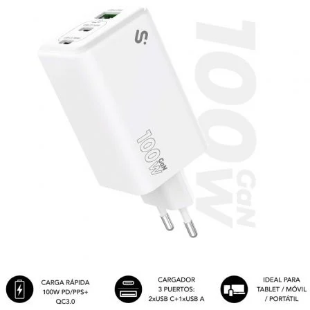 Cargador de Pared GaN Subblim 100W Charger USB C+C+A/ 2xUSB Tipo-C/ 1xUSB/ 100W – USB-C