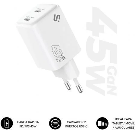 Cargador de Pared GaN Subblim 45W Charger USB C+C/ 2xUSB Tipo-C/ 45W – USB-C