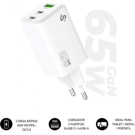 Cargador de Pared GaN Subblim 65W Charger USB C+C+A/ 2xUSB Tipo-C/ 1xUSB/ 65W – USB-C
