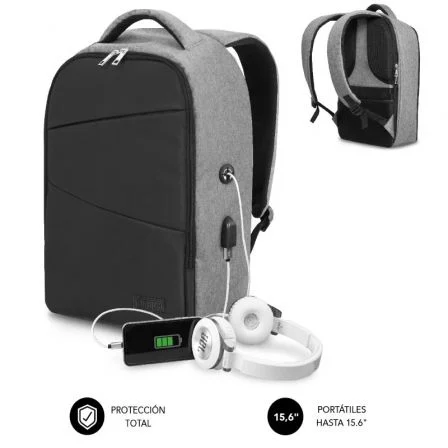 Mochila Subblim Secure V2 Ap para Portátiles hasta 15.6"/ Puerto USB/ Antirrobo Gris