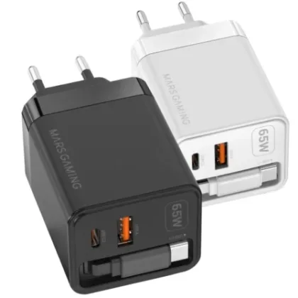 Cargador de Pared GaN Mars Gaming MD-GAN65R/ 1xUSB Tipo-C/ 1xUSB/ 65W Negro