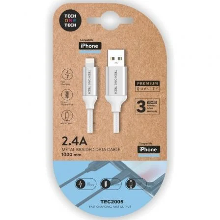 Cable USB 2.0 Tech One Tech TEC2005/ USB Macho - Lightning Macho/ 1m Blanco