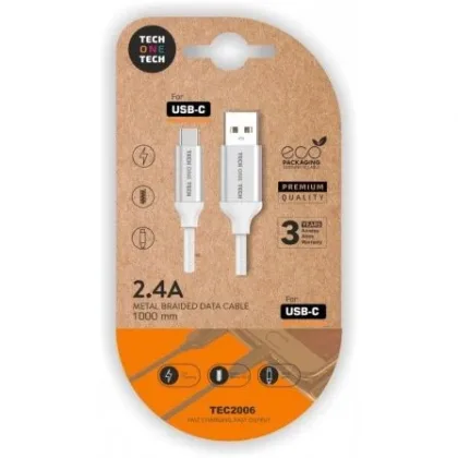 Cable USB 2.0 Tech One Tech TEC2006/ USB Tipo-C Macho - USB Macho/ 480Mbps/ 1m Blanco