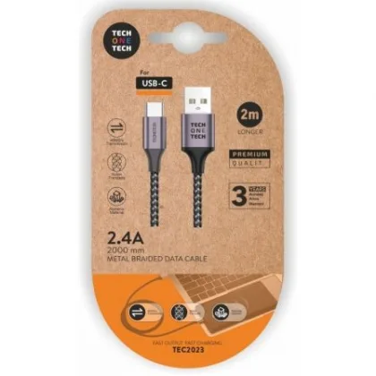 Cable USB 2.0 Tipo-C Tech One Tech TEC2023/ USB Tipo-C Macho - USB Macho/ 2m Gris