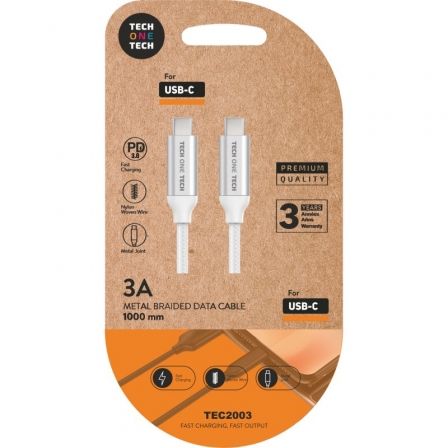 Cable USB 2.0 Tipo-C Tech One Tech TEC2204/ USB Tipo-C Macho - USB Tipo-C Macho/ Hasta… Blanco