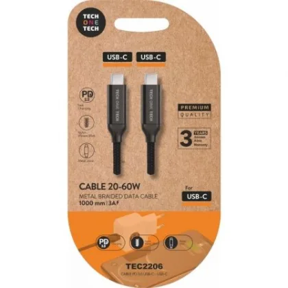 Cable USB 2.0 Tipo-C Tech One Tech TEC2206/ USB Tipo-C Macho - USB Tipo-C Macho/ Hasta… Negro