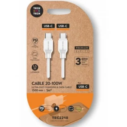 Cable USB 2.0 Tipo-C Tech One Tech TEC2210/ USB Tipo-C Macho - USB Tipo-C Macho/ Hasta… Blanco