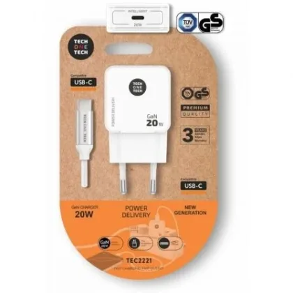 Cargador de Pared Tech One Tech TEC2221/ 1xUSB Tipo-C + Cable USB Tipo-C/ 20W Blanco