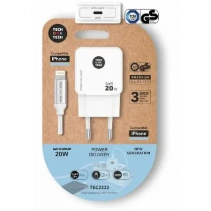 Cargador de Pared Tech One Tech TEC2222/ 1xUSB Tipo-C + Cable Lightning/ 20W Blanco