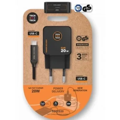 Cargador de Pared GaN Tech One Tech TEC2223/ 1xUSB Tipo-C + Cable USB Tipo-C/ 20W Negro