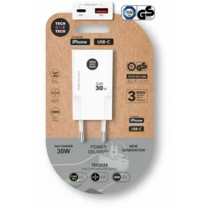 Cargador de Pared GaN Tech One Tech GaN TEC2230/ 1xUSB Tipo-C/ 1xUSB/ 30W Blanco