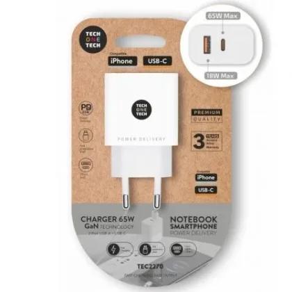 Cargador de Pared GaN Tech One Tech GaN TEC2270/ 1xUSB Tipo-C/ 1xUSB/ 65W Blanco