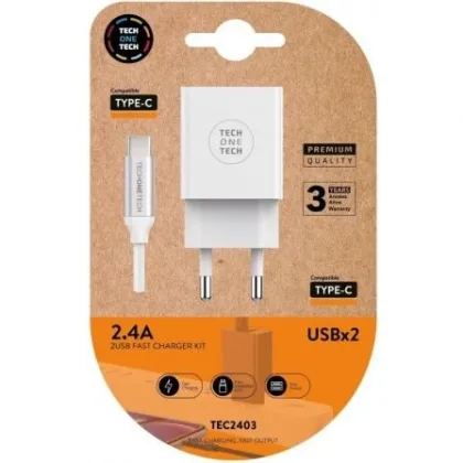 Cargador de Pared Tech One Tech TEC2403/ 2xUSB + Cable USB Tipo-C/ 12W Blanco