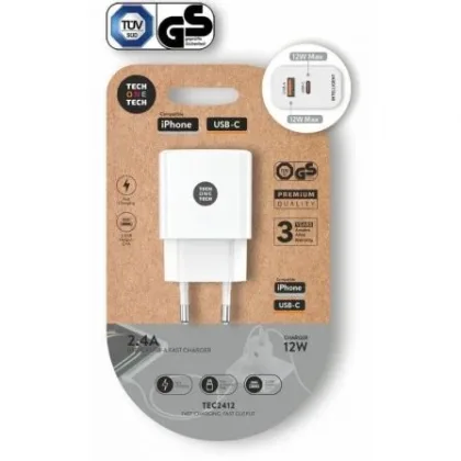 Cargador de Pared Tech One Tech TEC2412/ 1xUSB Tipo-C/ 1xUSB/ 12W Blanco