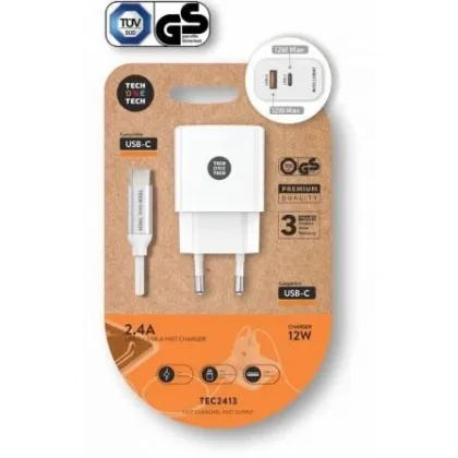 Cargador de Pared Tech One Tech TEC2413/ 1xUSB Tipo-C/ 1xUSB + Cable USB Tipo-C/ 12W Blanco