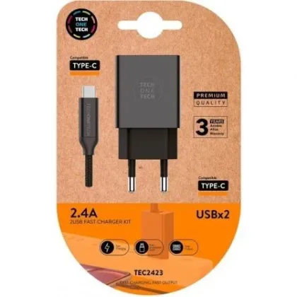 Cargador de Pared Tech One Tech TEC2423/ 2xUSB + Cable USB Tipo-C/ 12W Negro