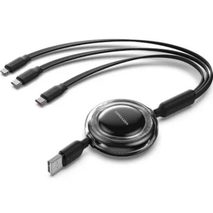 Vention USB Retráctil Trjbbe/ USB Macho - Lightning/ 2xUSB Tipo-C/ Hasta 17.5W/ 10Gbps/ 1.1m Negro