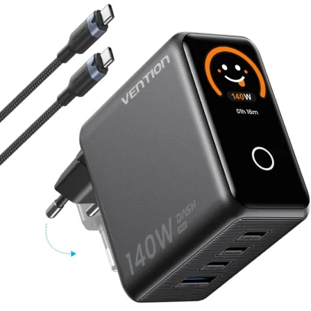 Vention de Pared GaN TZ-FCOH0-EU/ 3xUSB Tipo-C + Cable USB Tipo-C/ 1xUSB/ 140W