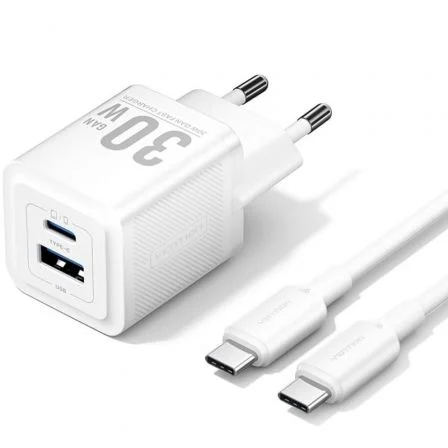 Vention de Pared GaN TZ-FEQW0-EU-01/ 1xUSB Tipo-C/ 1xUSB + Cable USB Tipo-C/ 30W