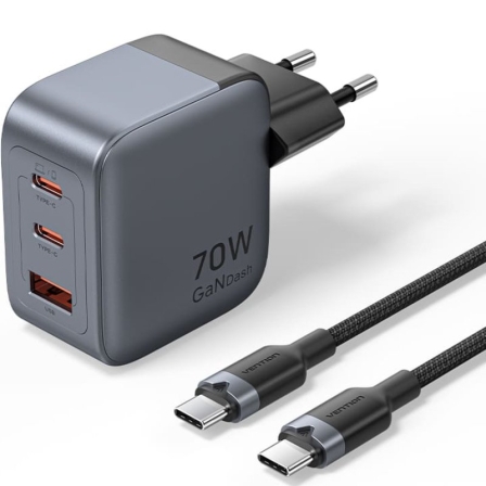 Vention de Pared GaN TZ-FEXH0-EU/ 2xUSB Tipo-C/ 1xUSB + Cable USB Tipo-C/ 70W