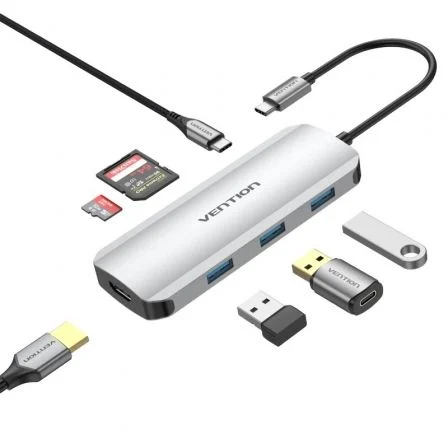 Vention Docking USB Tipo-C Tojhb/ 1xHDMI 4K/ 3xUSB/ 1xUSB Tipo-C/ 1xLector Tarjetas Gris