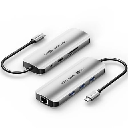 Docking USB Tipo-C Vention TQKHB/ 1xHDMI 4K/ 3xUSB/ 1xUSB Tipo-C PD/ 1xRJ45/ 1xLector de Tarjetas/ Gris