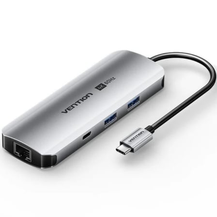 Docking USB Tipo-C Vention TQMHB/ 1xHDMI 4K/ 2xUSB/ 1xUSB Tipo-C/ 1xJack 3.5mm / 1xRJ45/ 1xUSB Tipo-C PD/ 1xLector Tarjetas/ Gris