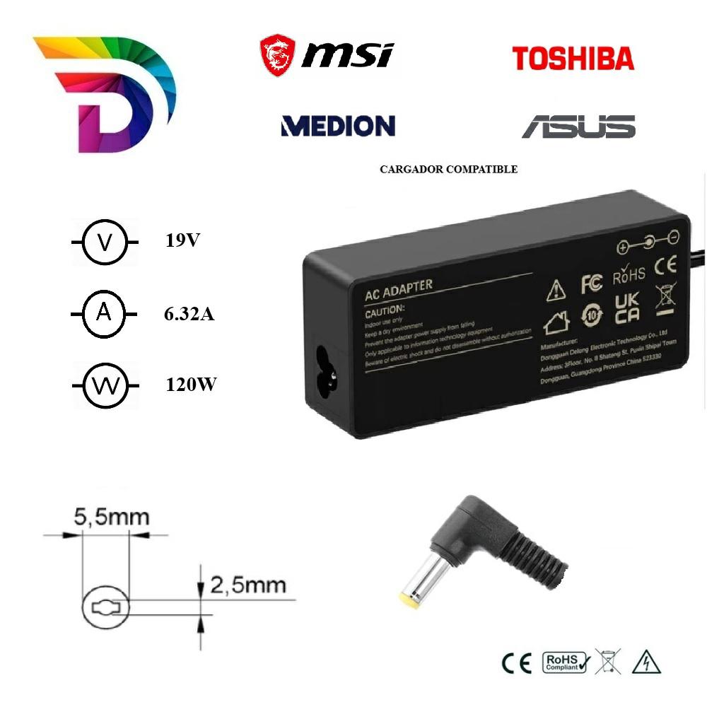 Dayma Cargador compatible para ASUS / Medion / MSI / Toshiba 120W 19V 6.32A 5.5x2.5 mm