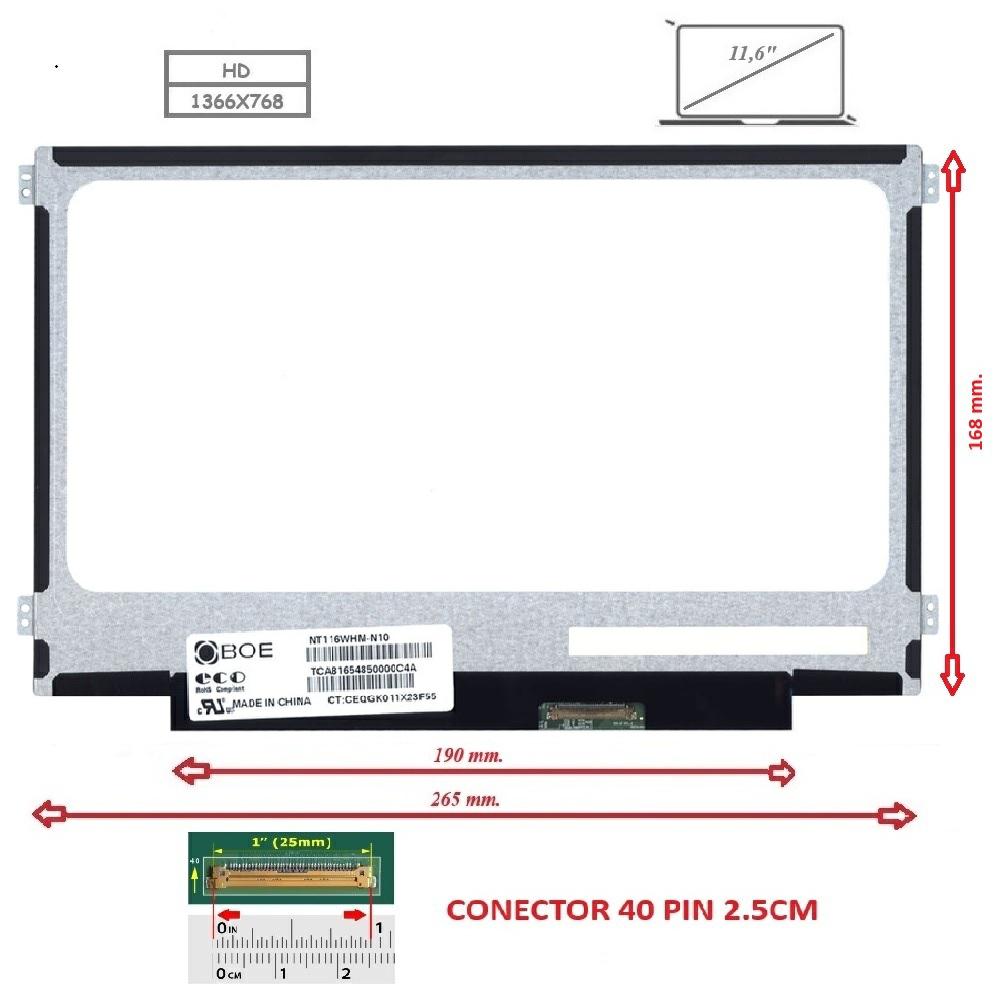Pantalla compatible para portátil LED 11.6\" SLIM 40 Pines HD Brackets laterales 16cm