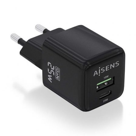 Aisens de Pared GaN ASCH-25W2P015-BK/ 1xUSB Tipo-C/ 1xUSB/ 25W
