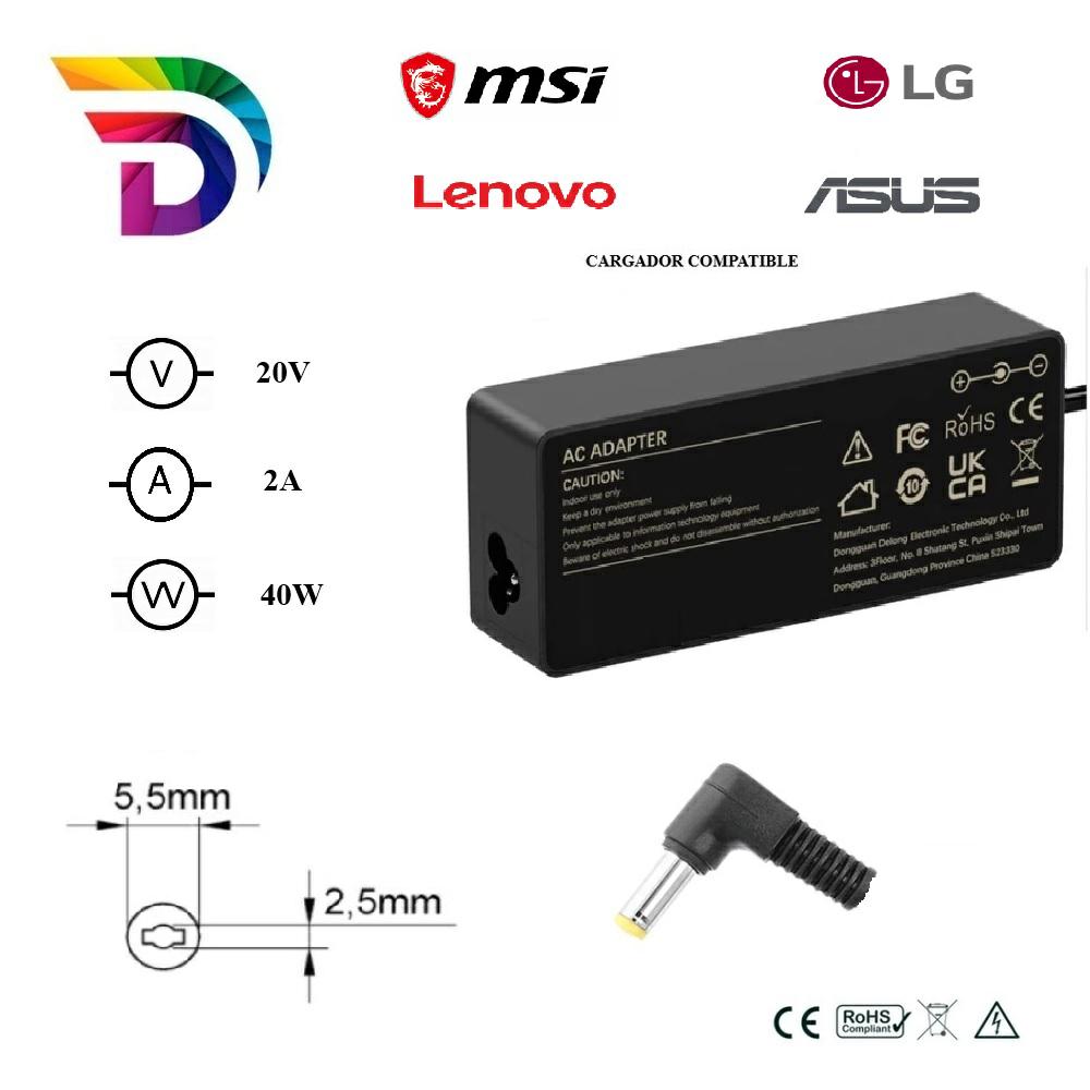 Dayma Cargador compatible para ASUS / Lenovo / LG / MSI 40W 20V 2A 5.5x2.5 mm