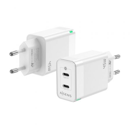 Aisens de Pared GaN ASCH-45W2P005-W/ 2xUSB Tipo-C/ 45W
