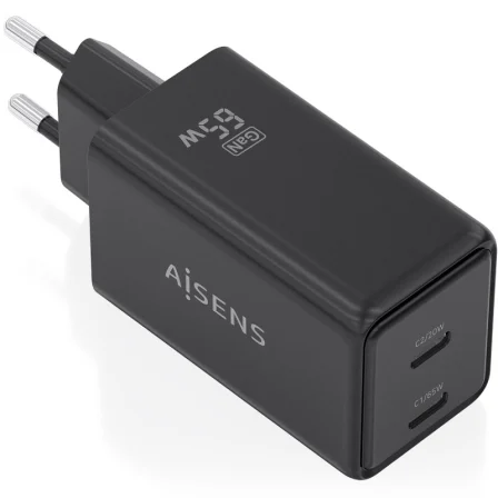Aisens de Pared GaN ASCH-65W2P079-BK/ 2xUSB Tipo-C/ 65W Negro