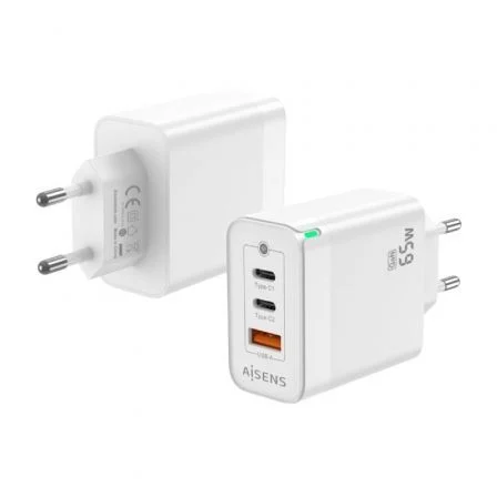 Aisens de Pared GaN ASCH-65W3P007-W/ 2xUSB Tipo-C/ 1x USB/ 65W