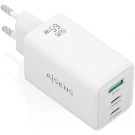 Aisens de Pared GaN ASCH-65W3P072-W/ 2xUSB Tipo-C/ 1xUSB/ 65W Blanco