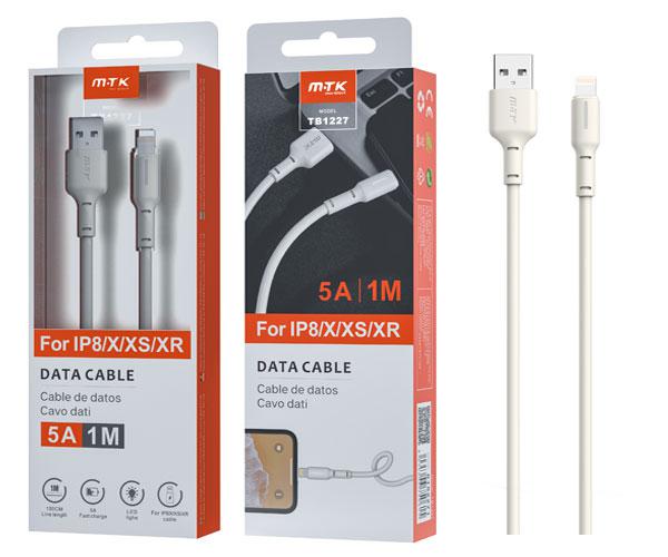 Cable datos USB 2.0 a Lightning IPhone 12-14 / 1m / 5a / Indicador de carga / TB1227 / Blanco / Mtk