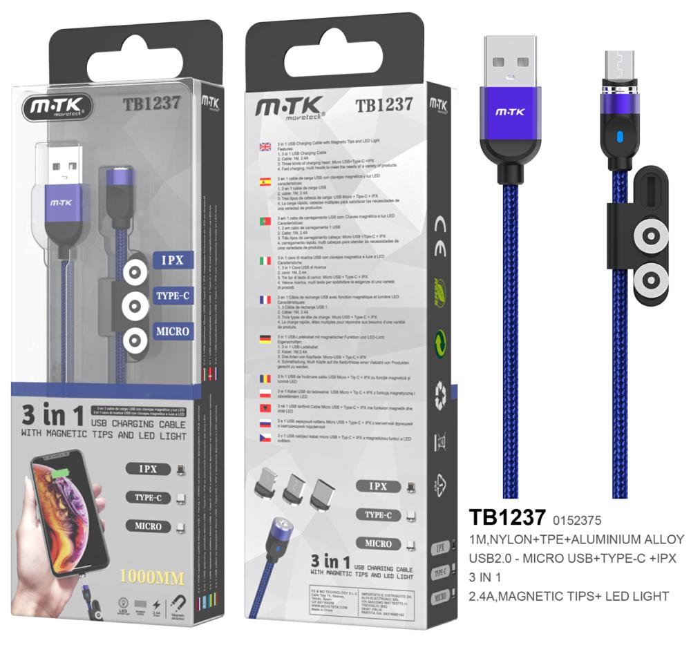 Cable datos 3 en 1 magnético (MicroUSB + Type-C + lightning) 1m / 2.4a / Azul / TB1237 / ONE+