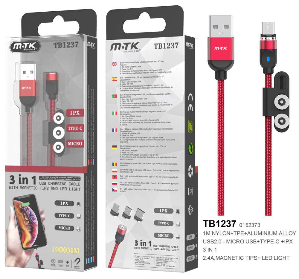Cable datos 3 en 1 magnético (MicroUSB + Type-C + lightning) 1m / 2.4a / Rojo / TB1237 / ONE+